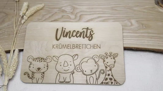 Frühstücksbrett personalisiert mit Name Wunschtext | Holzbrett Lasergravur | Geschenk Geburt Babygeschenk Taufe Vesperbrett | Tiere Safari